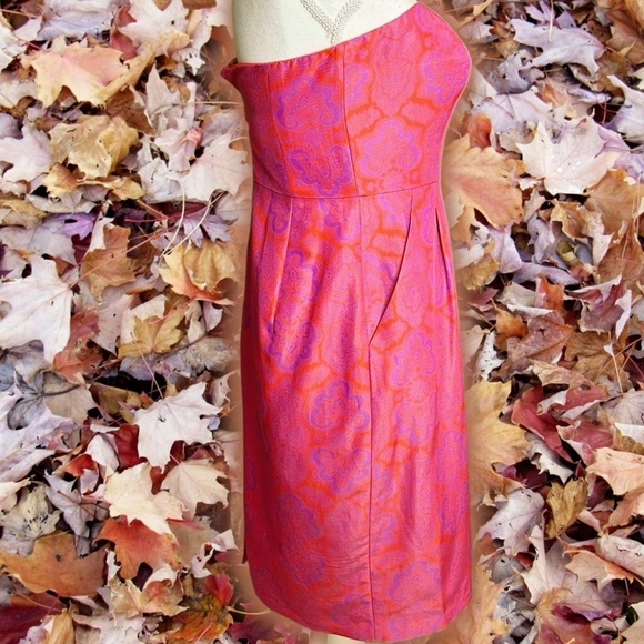 J. Crew Orange & Purple Medallion Silk Blend Strapless ‘Ella’ Dress Size 2 - Picture 8 of 16